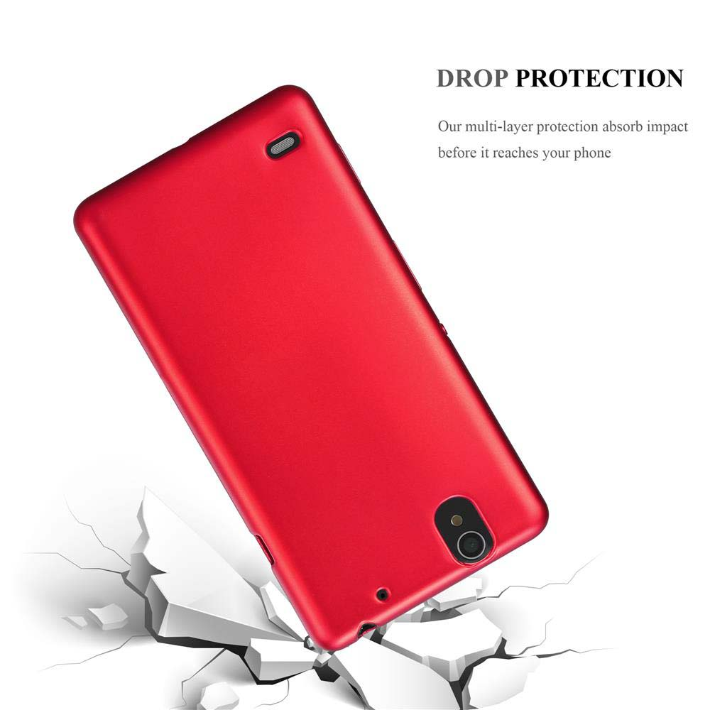 Funda de teléfono roja, cayendo, rompiendo el suelo.