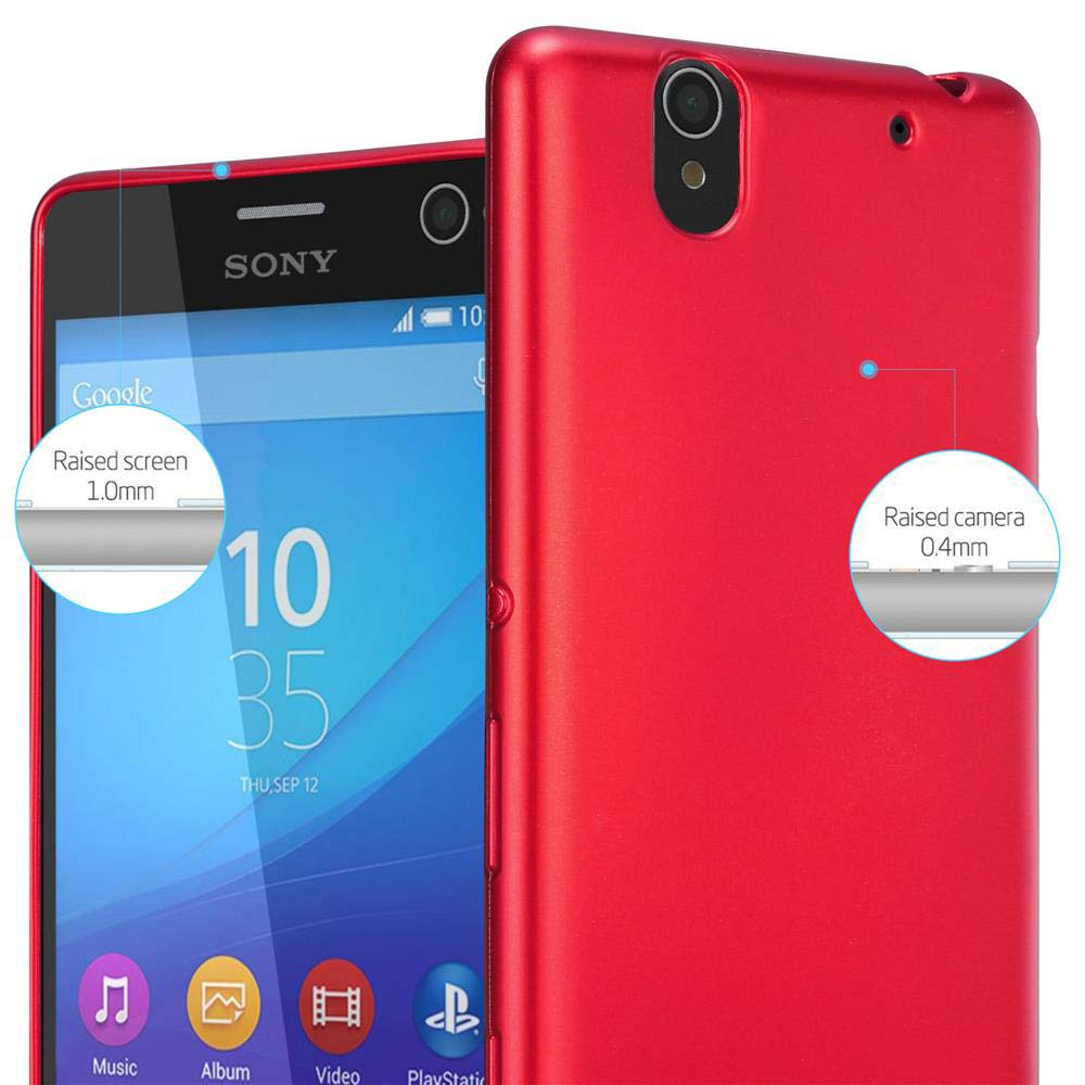 Funda de teléfono roja junto a un teléfono negro. Se resaltan la pantalla y la cámara elevadas.