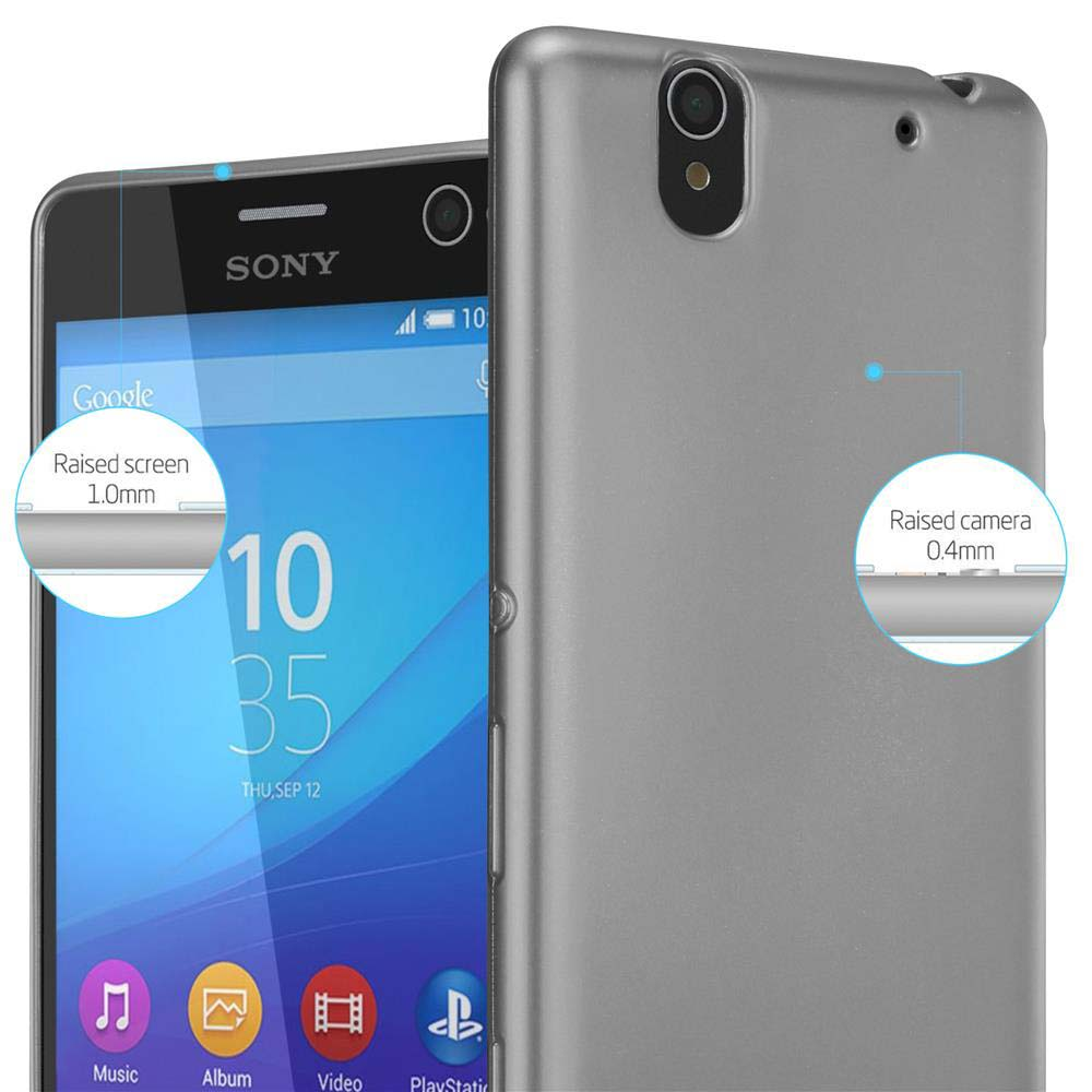 Ein Mobiltelefon in einem grauen Gehäuse mit erhabener Kamera und Bildschirm sowie einem Sony-Logo.