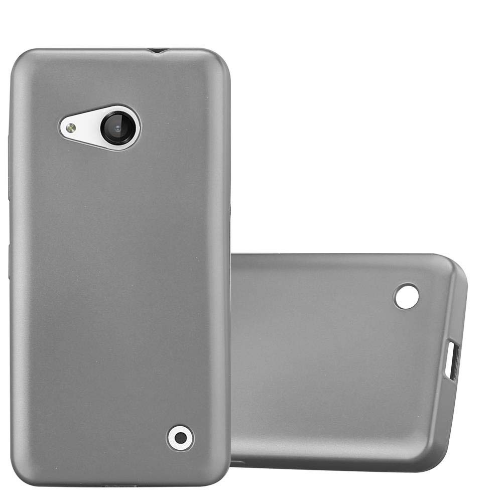 Dos fundas grises para teléfono. Una tiene un agujero para la cámara, la otra está en blanco.