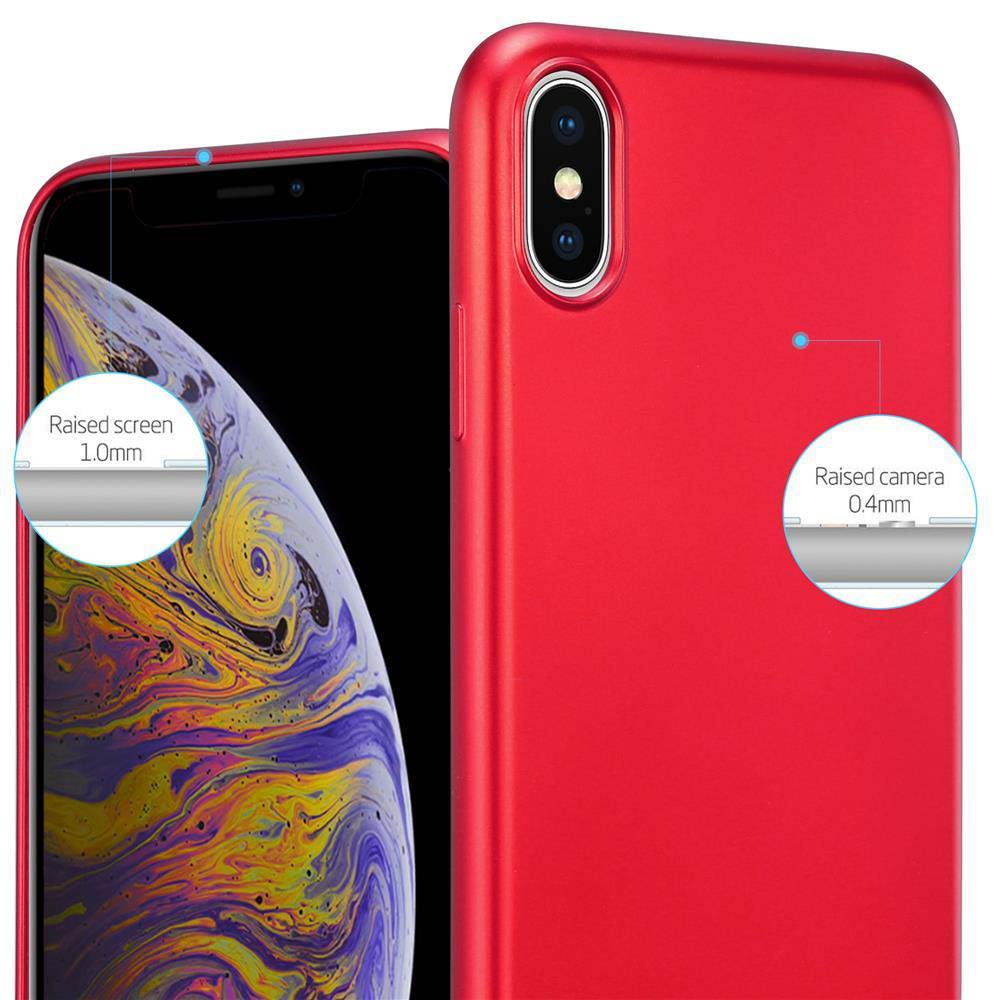 Una custodia rossa per telefono con un telefono all'interno. Mostra la fotocamera e la protezione dello schermo rialzata.