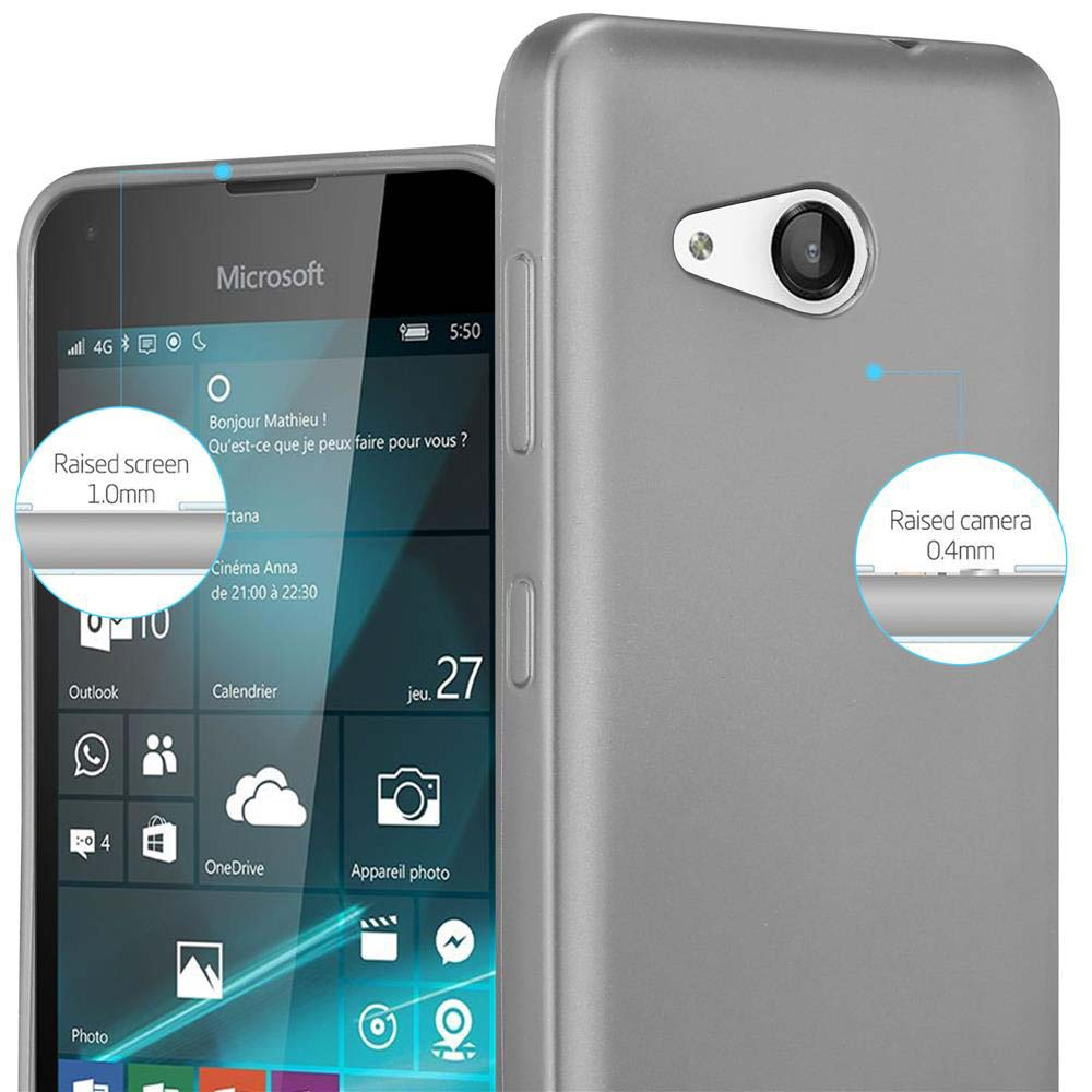 Una funda de teléfono gris con un teléfono que muestra una interfaz de Microsoft y detalles de pantalla/cámara elevados.