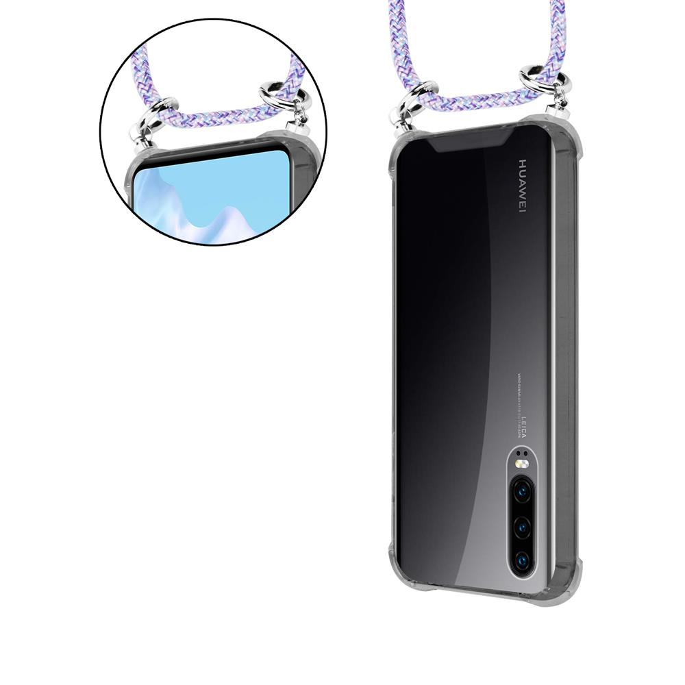 Telefono con custodia e cinturino. Il telefono è nero, il cinturino viola e bianco.