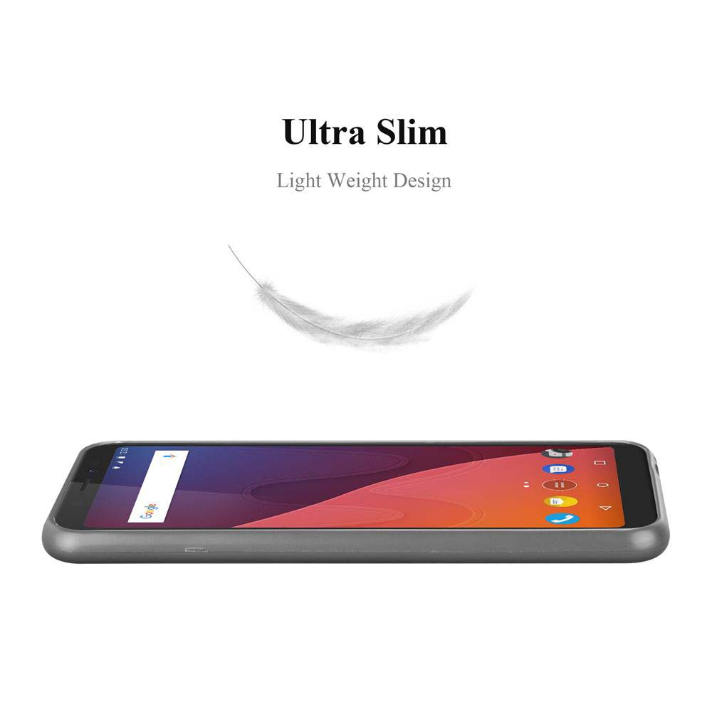 Un telefono con schermo scuro, testo 'Ultra Slim' e una grafica a forma di piuma sopra. Sfondo bianco.