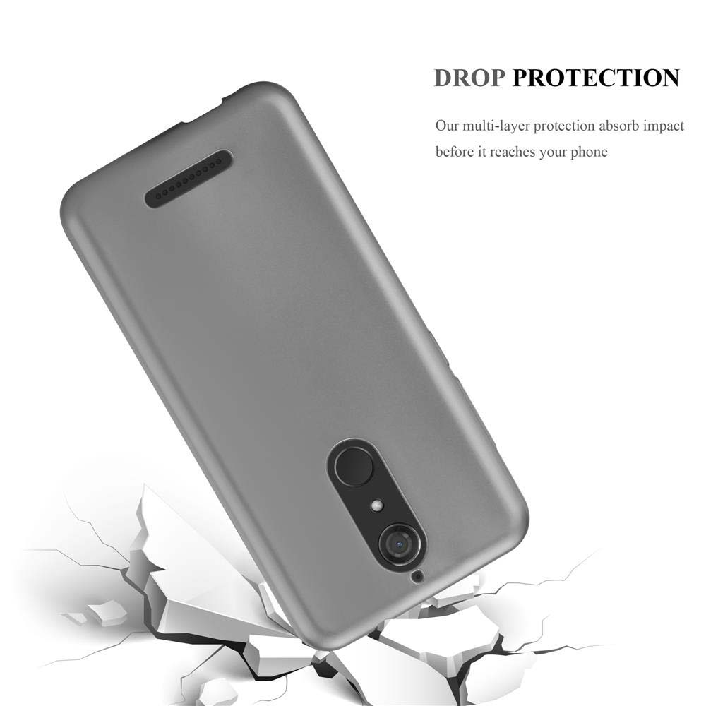 Custodia grigia per telefono con protezione dagli urti su sfondo bianco, che mostra un telefono e una superficie incrinata.