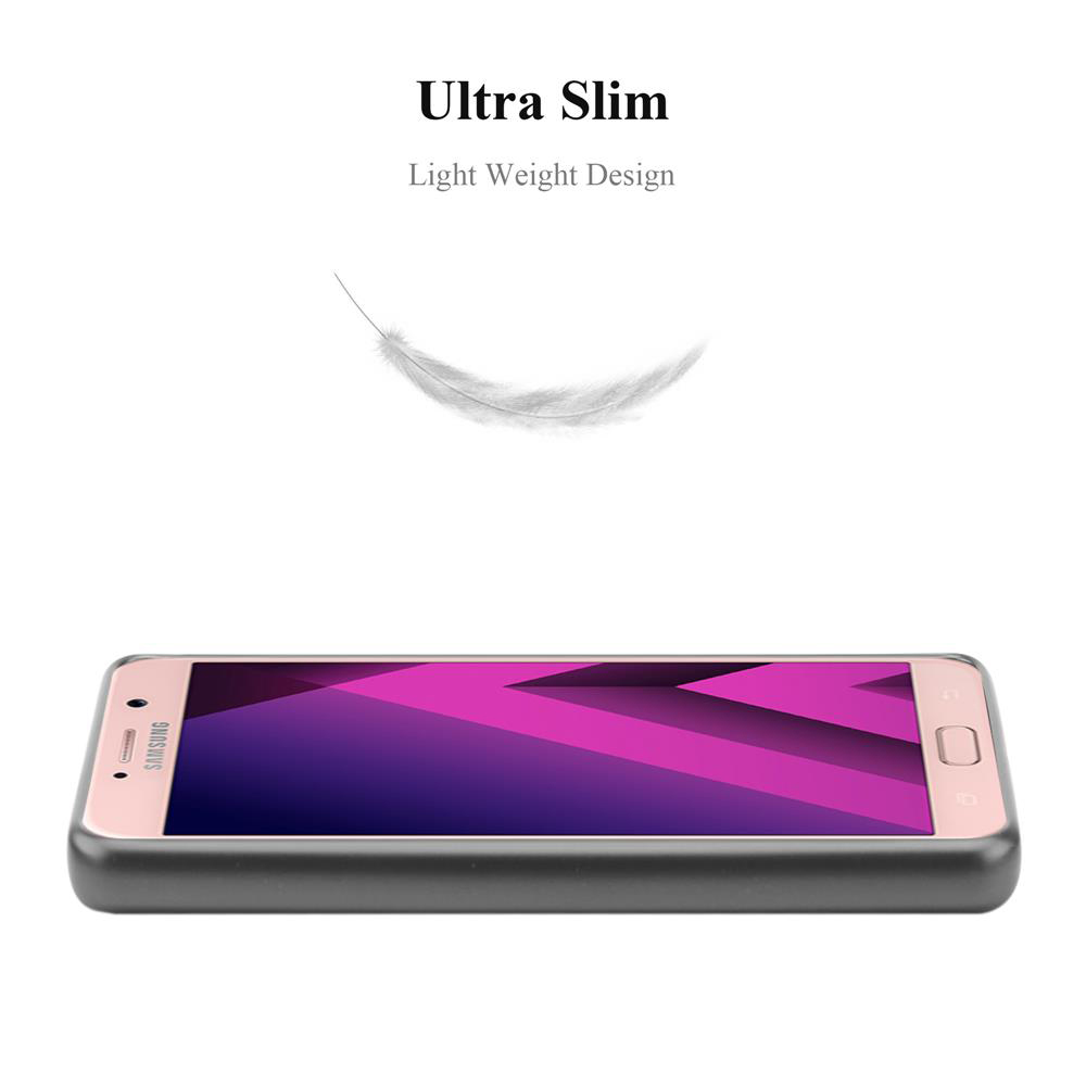 Un telefono rosa in una custodia grigia con grafica di piuma, il testo dice Ultra Slim, Light Weight Design.