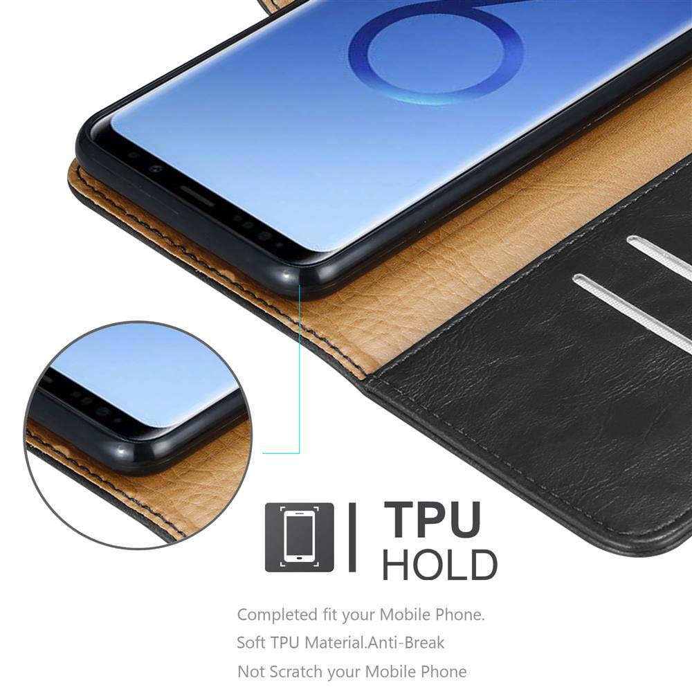 Un telefono in una custodia in pelle nera. La custodia ha un supporto in TPU ed è adatta al telefono.