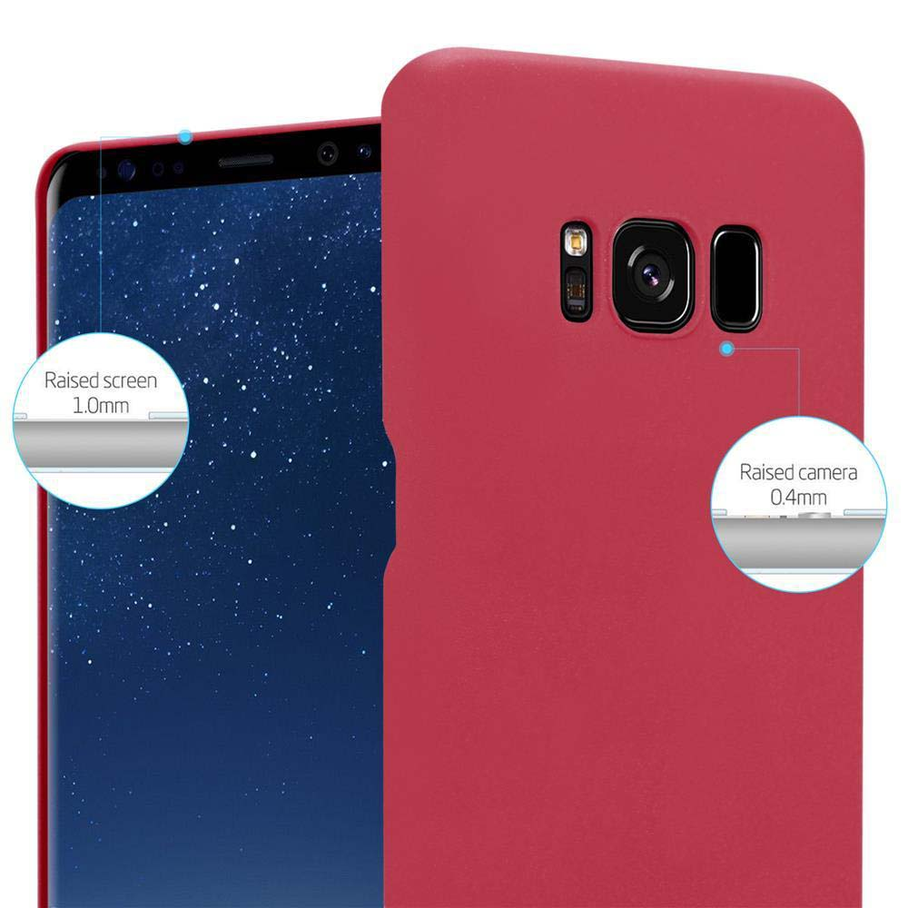 Eine rote Handyhülle auf einem Telefon. Die Hülle umgibt das Telefon, mit erhöhter Kamera und Bildschirm.