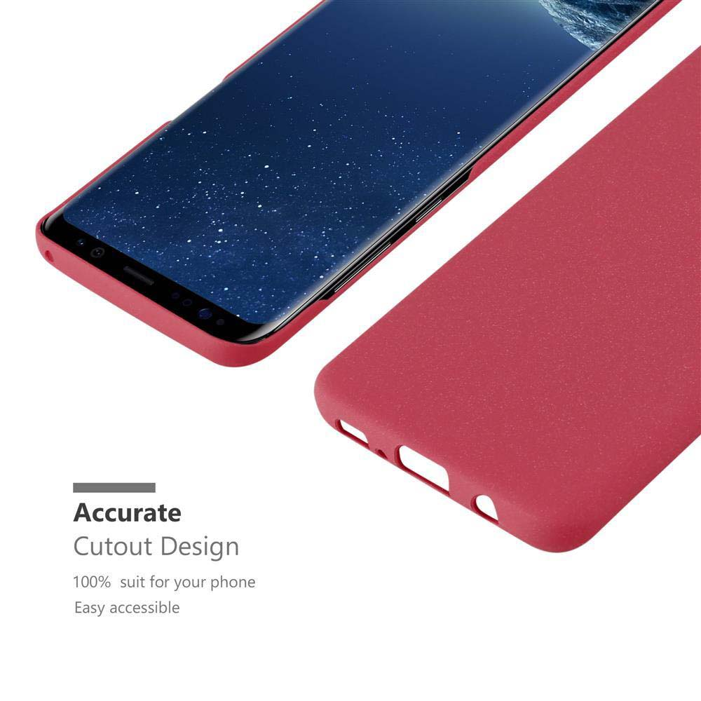 Eine rote Handyhülle mit einem Handy, die das Ausschnittdesign und den Bildschirm zeigt.