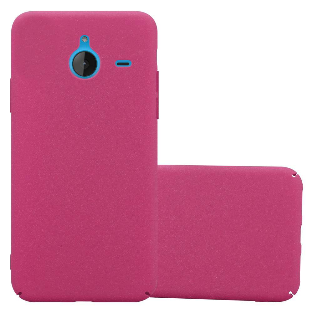 Una funda rosa para teléfono sobre un fondo blanco. La funda tiene un agujero para la cámara y una pantalla.