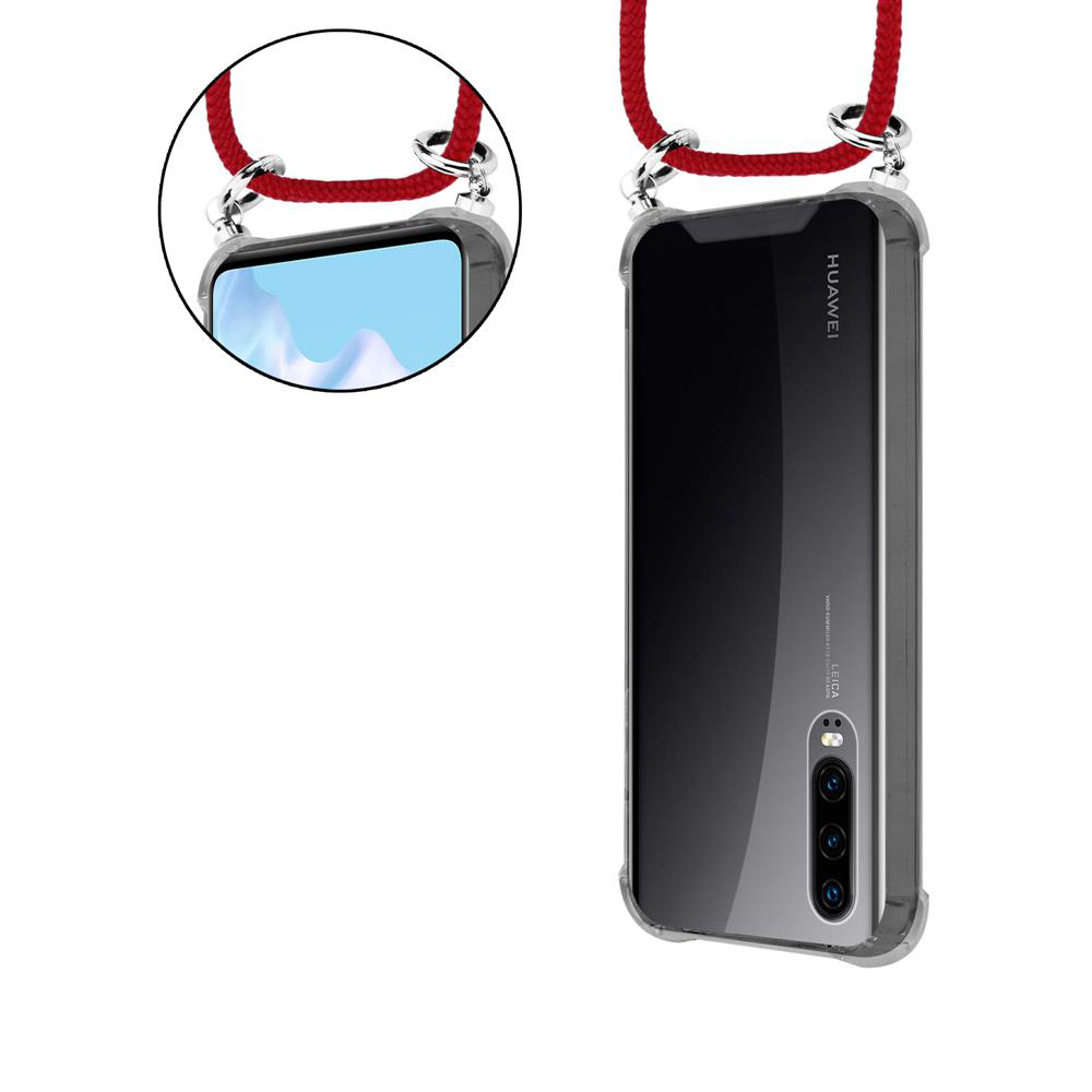 Telefono con custodia a cordino, cordino rosso. Sfondo bianco.