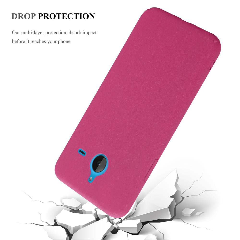 Una funda de teléfono rosa. La funda está en ángulo y ligeramente dañada. El texto dice 'DROP PROTECTION' y otros detalles.