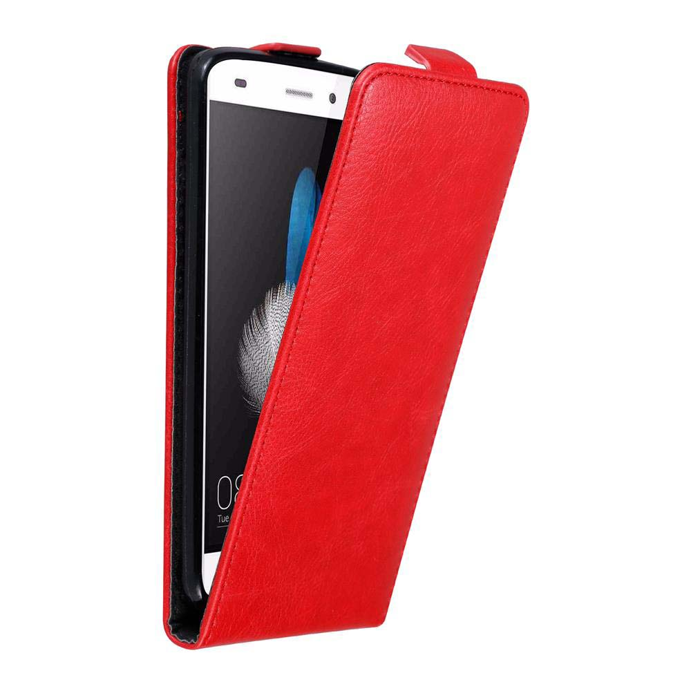Funda roja para teléfono. El teléfono está dentro de la funda. La funda está abierta.