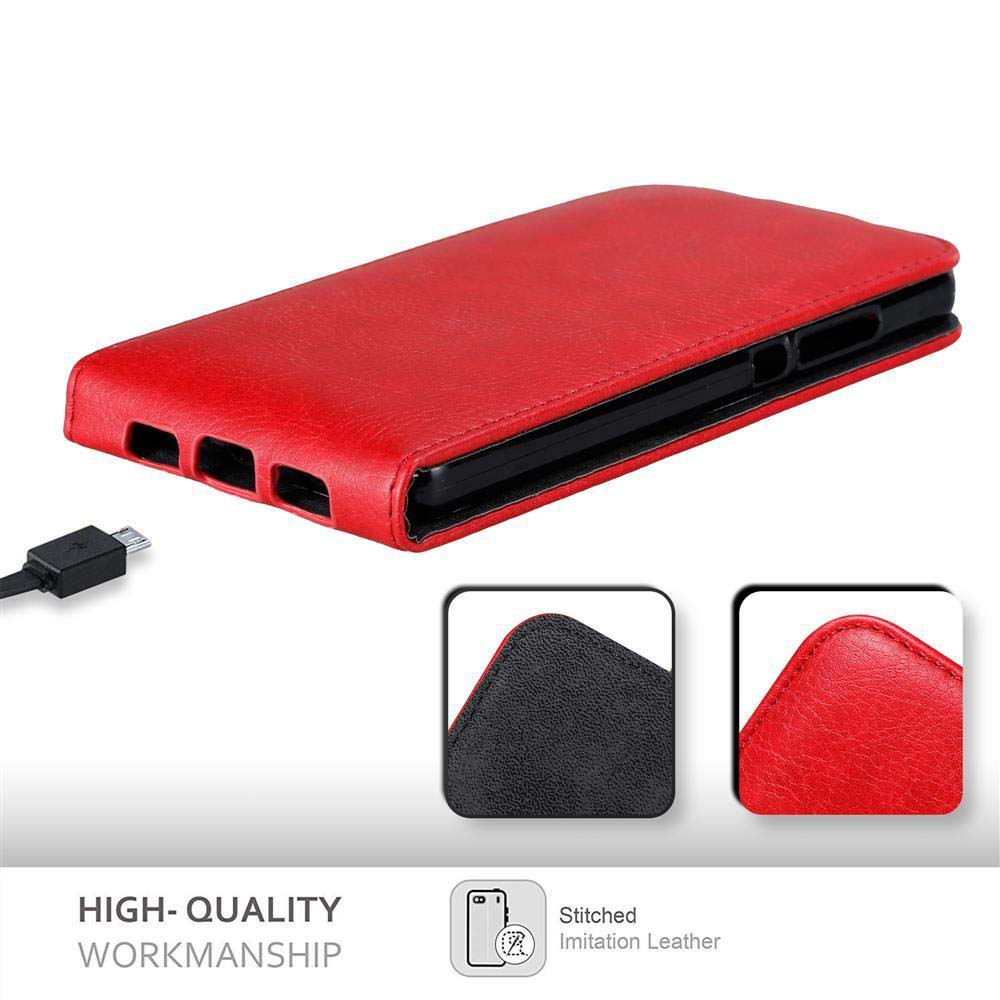 Funda de teléfono roja con cable de carga. Dos imágenes más pequeñas muestran detalles.