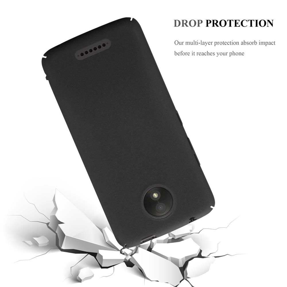 Un telefono nero che cade, con una custodia, che incrina una superficie. Il testo dice 'Drop Protection'.