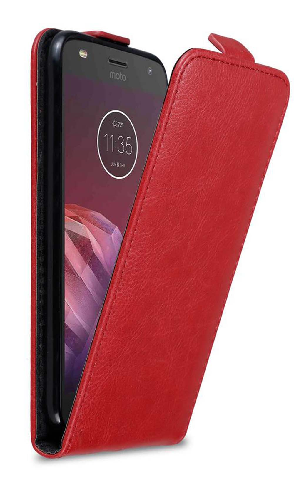 Funda de teléfono de cuero rojo, abierta para revelar el teléfono. El teléfono muestra las 11:35.