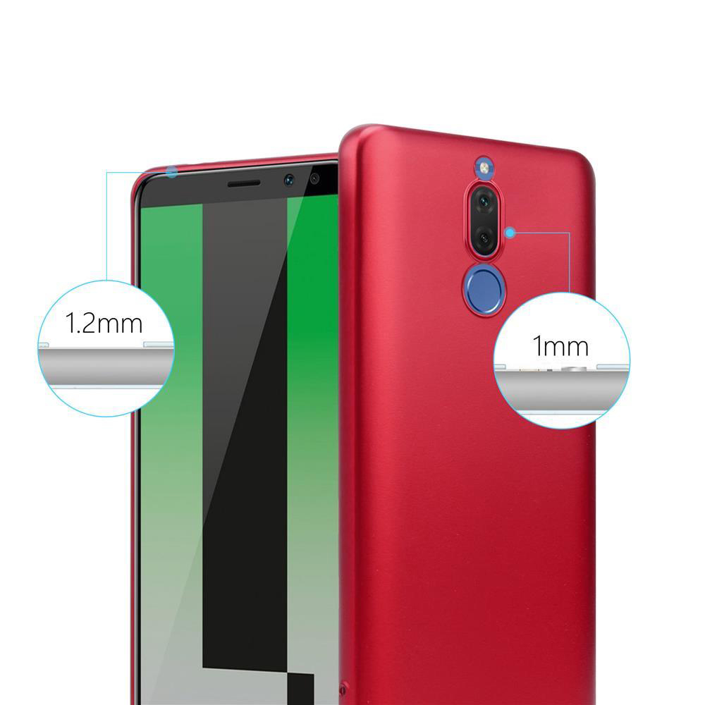Rote Handyhülle neben einem Telefon. Hüllendetails: 1,2 mm Rand und 1 mm Dicke. Der Bildschirm des Telefons ist sichtbar.