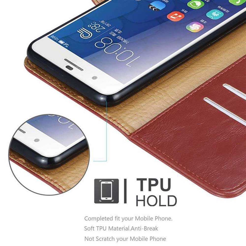 Telefono all'interno di una custodia in pelle rossa e marrone. Testo: 'TPU HOLD'.