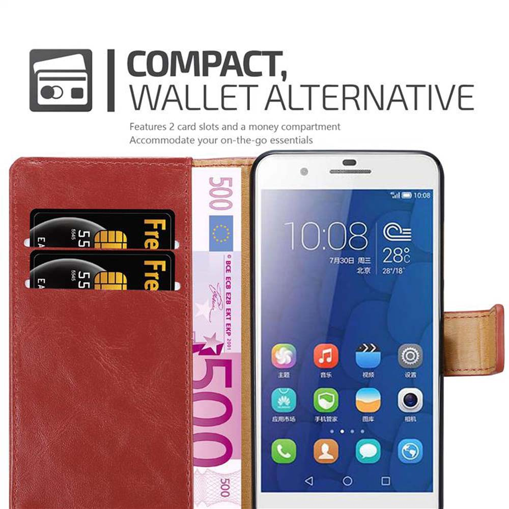 Telefono in custodia a portafoglio, mostra carte e valuta. Design compatto, slot per carte e scomparto per soldi.