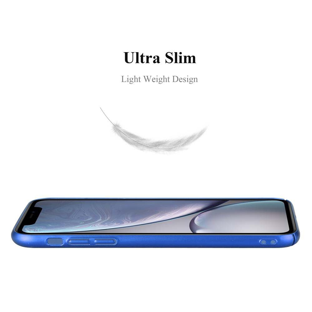 Eine blaue Handyhülle mit blauem Rand. Eine Feder schwebt darüber. Das Telefon ist nicht vorhanden.