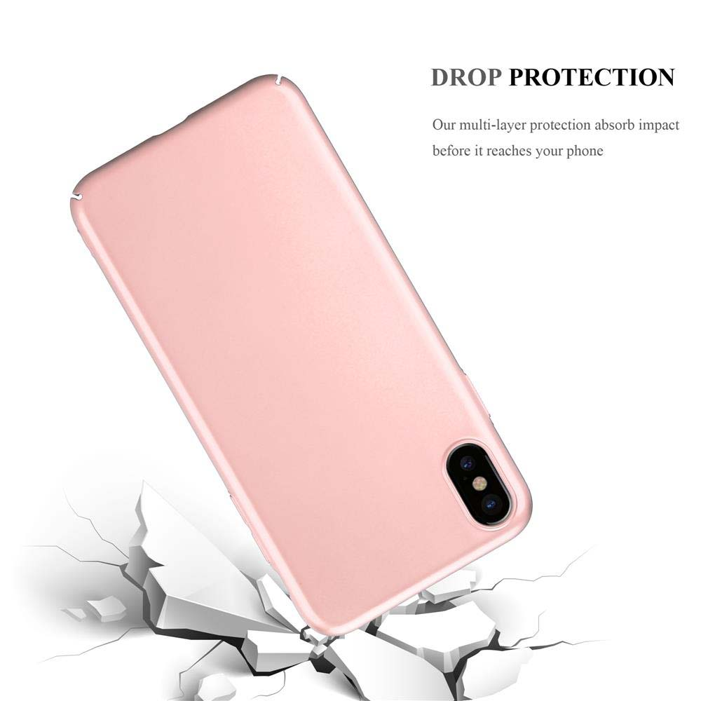 Custodia rosa per telefono che cade su una superficie rotta. La custodia assorbe l'impatto.