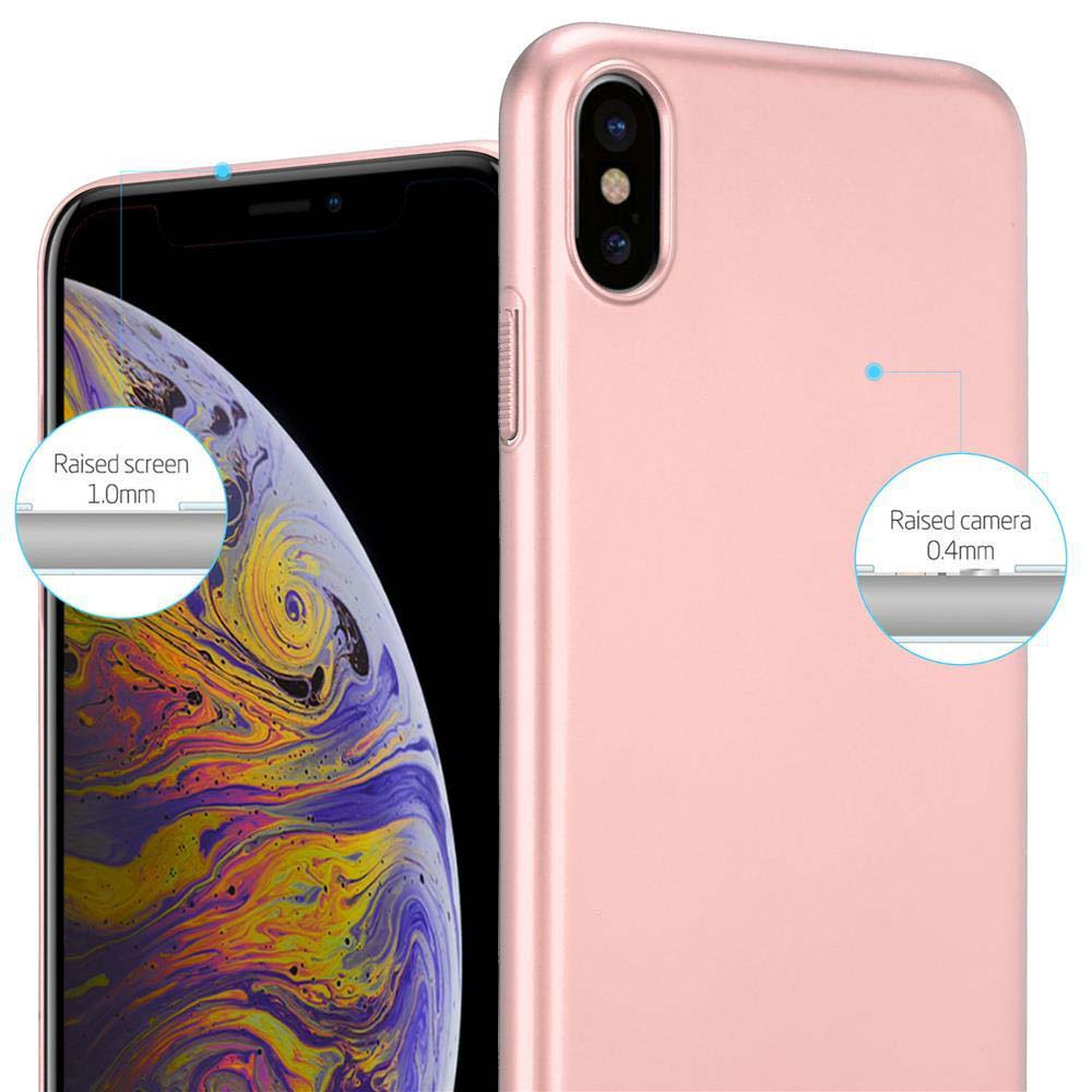 Una custodia rosa su un telefono, che evidenzia i bordi rialzati dello schermo e della fotocamera.