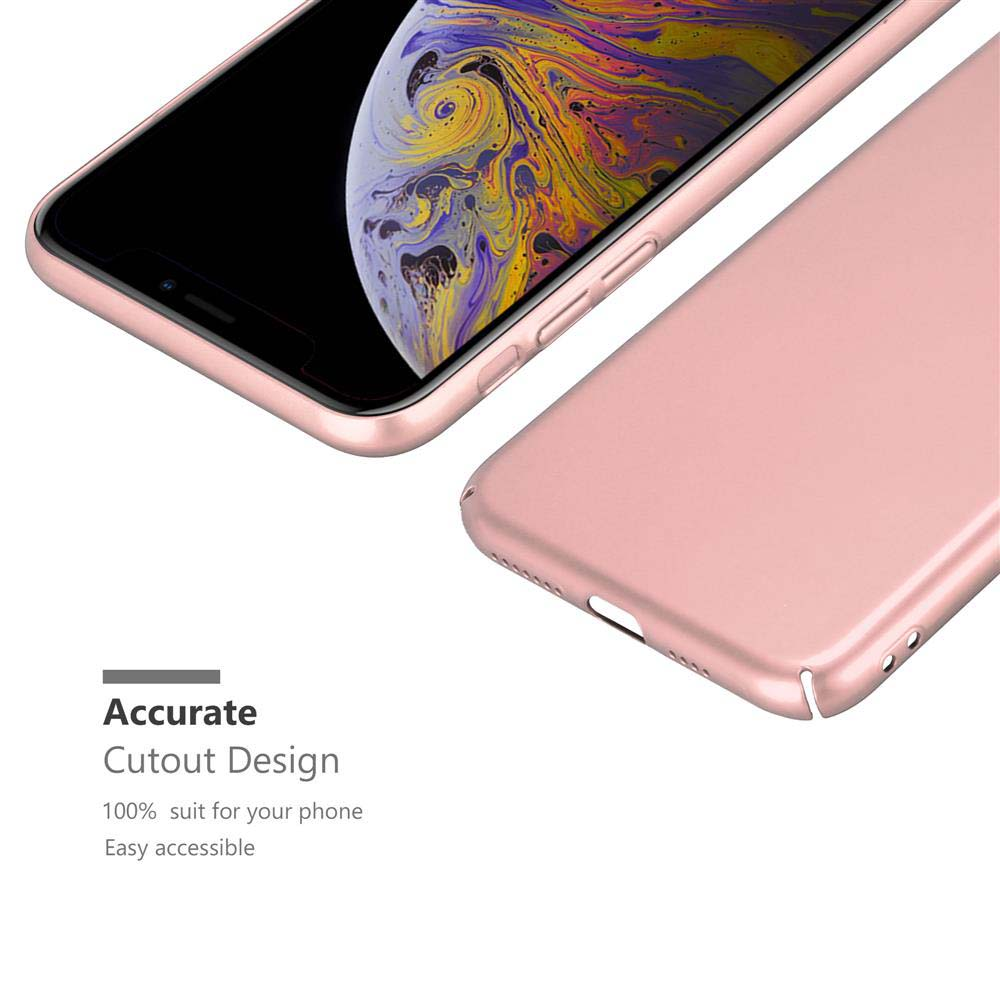 Una custodia per telefono oro rosa con un iPhone, accuratamente ritagliata, con testo che dice che è precisa e facile da usare.