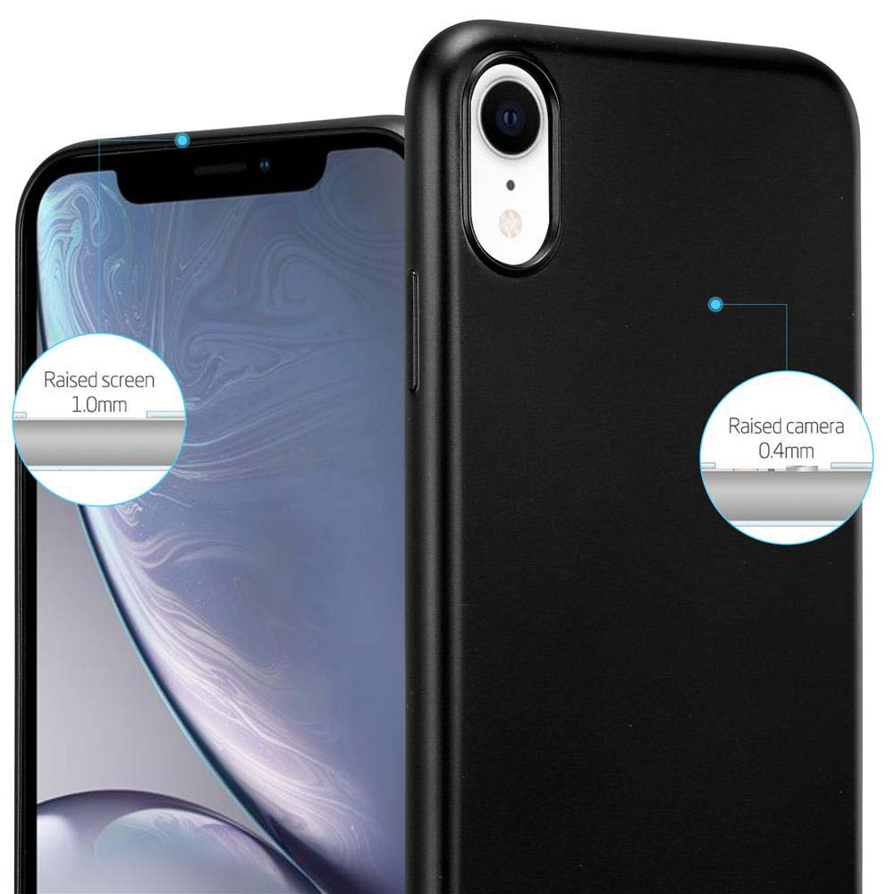 Custodia nera per telefono con protezione schermo e fotocamera rialzata. Dettagli etichettati.