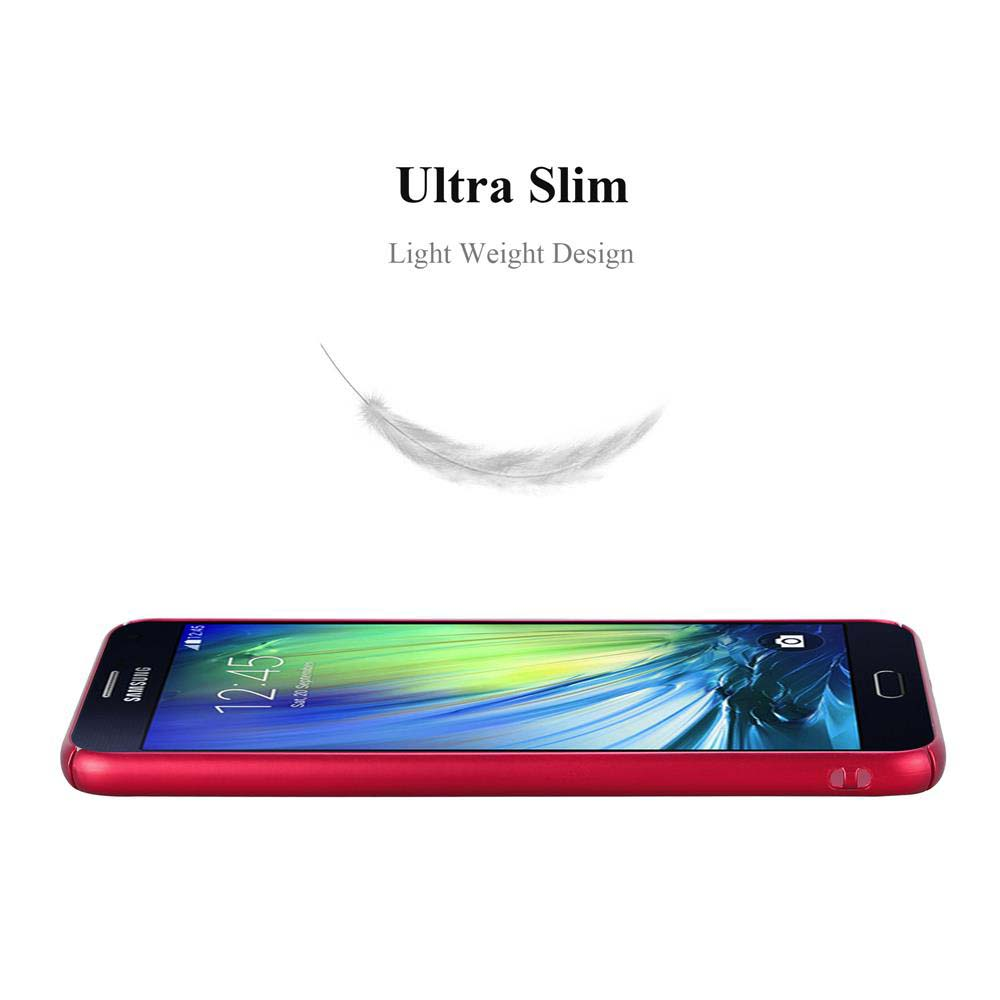 Ein rotes Telefon mit einer Feder, die darüber schwebt, um das schlanke und leichte Design des Telefons hervorzuheben.
