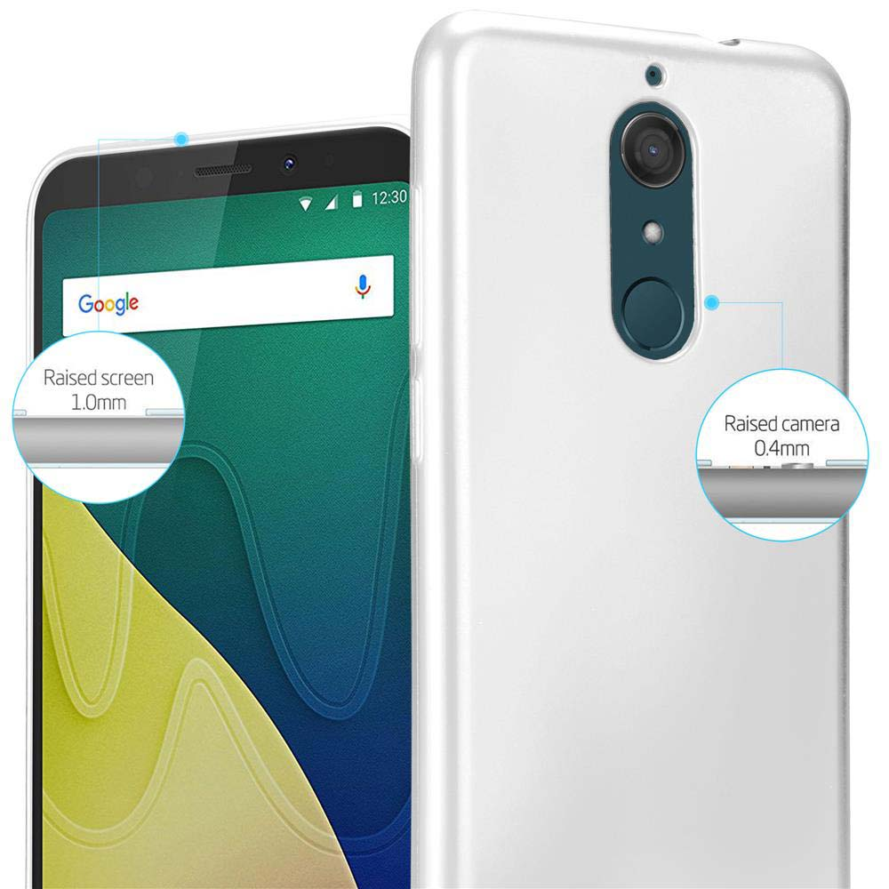 Eine Handyhülle mit einem Telefon darin. Die Hülle ist weiß, der Bildschirm und die Kamera sind sichtbar.
