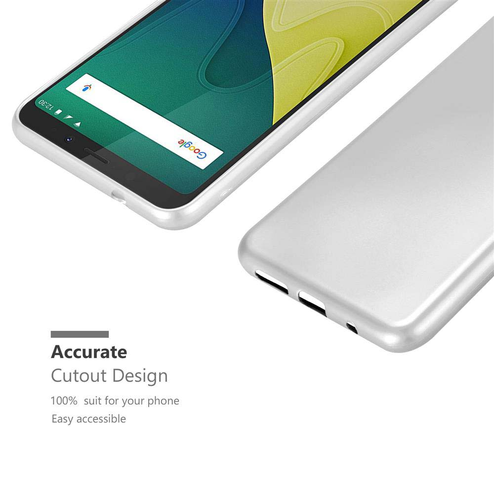Ein weißes Telefon mit Google-Suchleiste. Es hat ein weißes Gehäuse und einen kleinen Ladeanschluss.