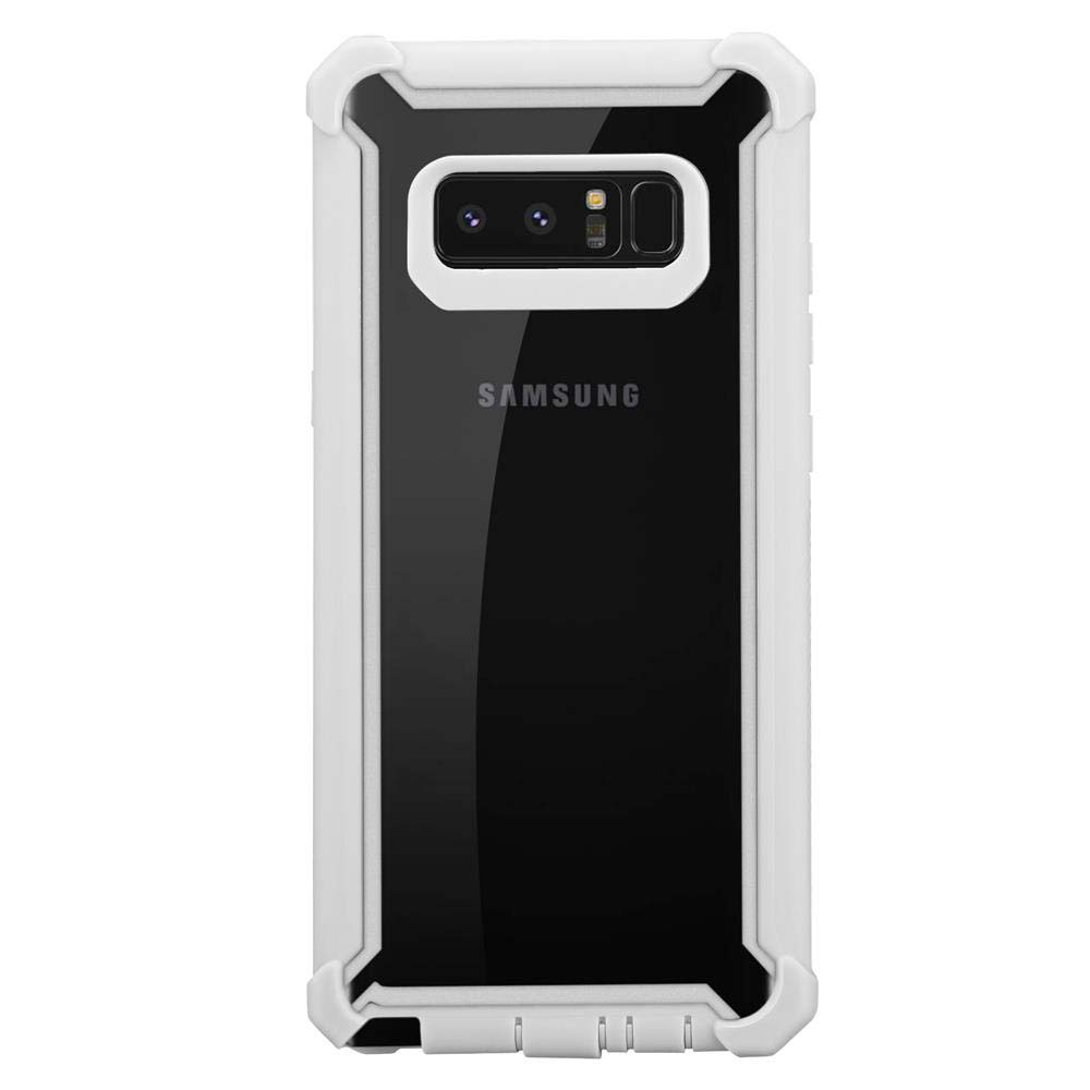 Custodia per telefono bianca e nera con retro trasparente. La custodia ha un logo Samsung e una cornice bianca.