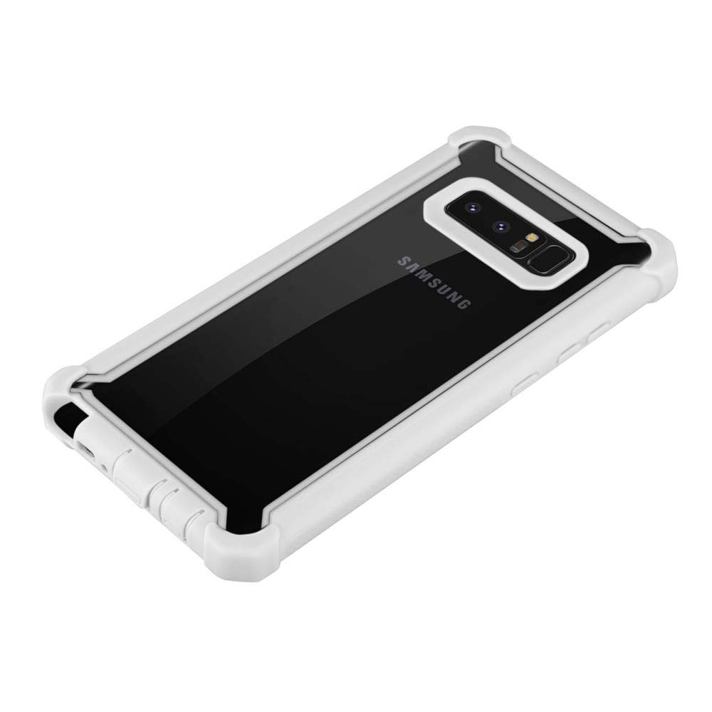 Custodia per telefono con cornice bianca e nera. Il telefono è dentro la custodia. Vista angolata.