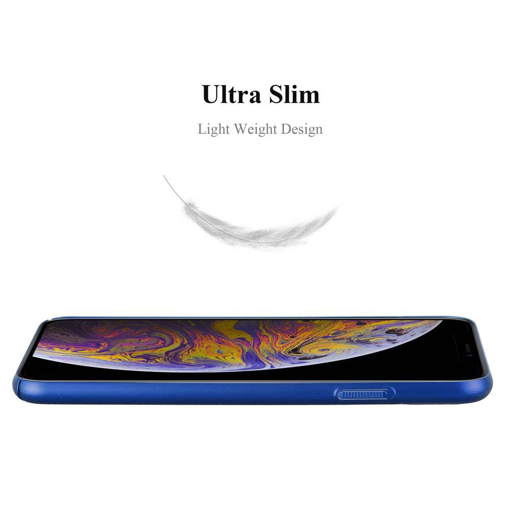 Custodia per telefono blu, vista laterale con grafica a piuma, che enfatizza il design sottile. Sfondo bianco.