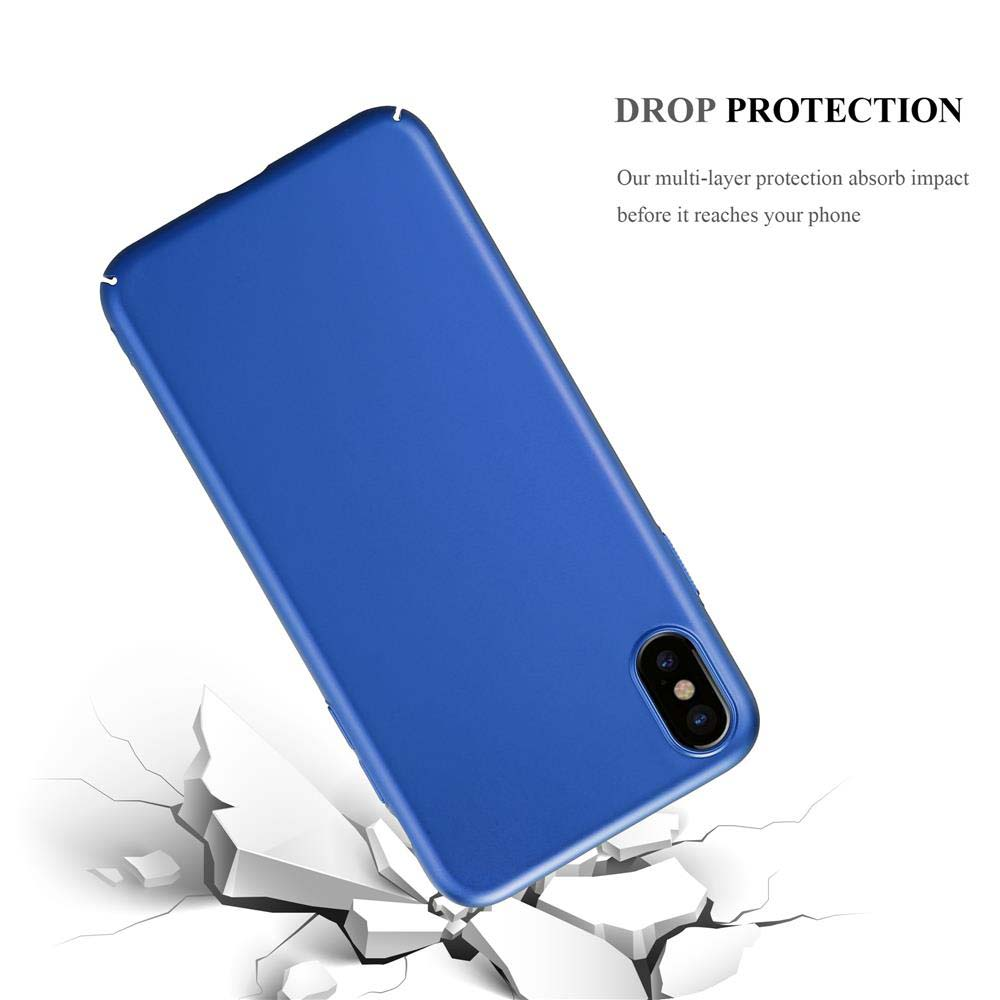 Custodia blu per telefono su una superficie incrinata, che suggerisce protezione dalle cadute. La custodia è blu unito.