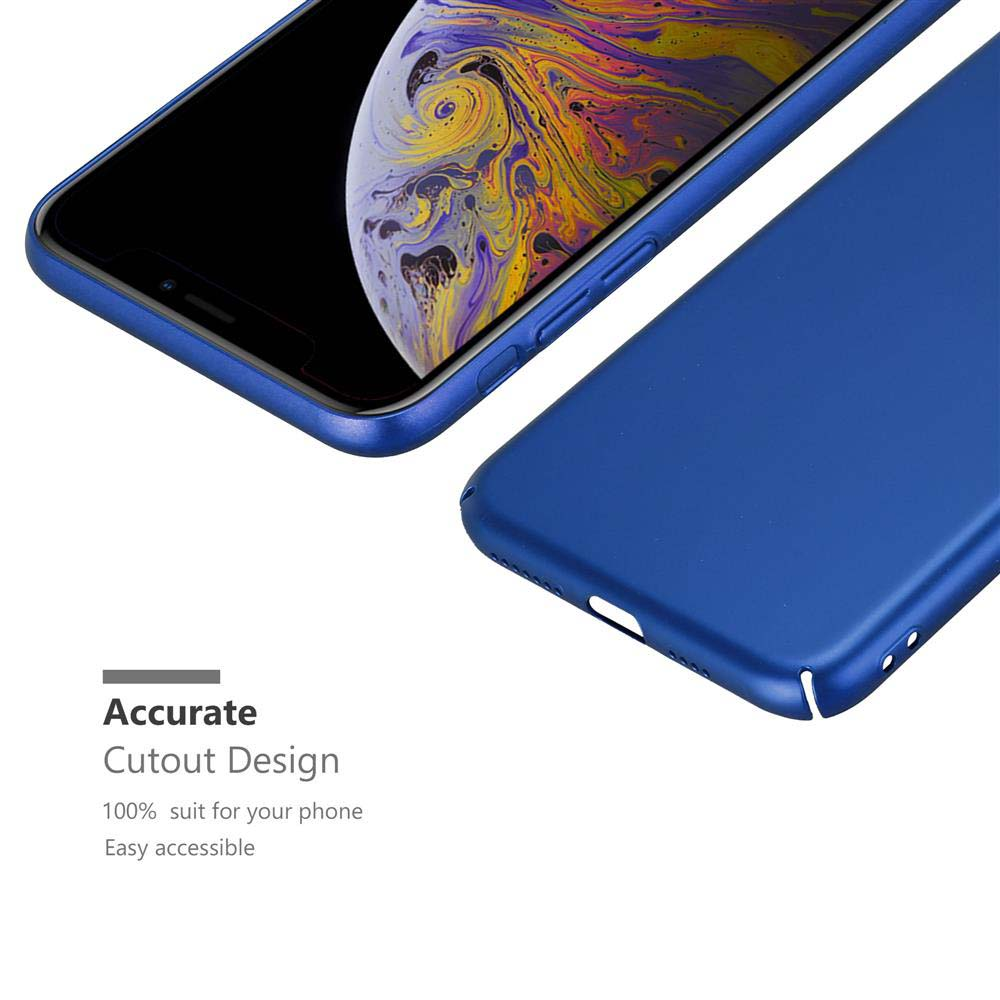 Custodia blu con telefono. Il telefono mostra uno sfondo colorato. La custodia è su una superficie bianca.