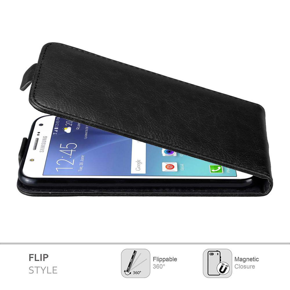 Custodia nera con coperchio aperto e telefono bianco. Stile a ribalta e chiusura magnetica.