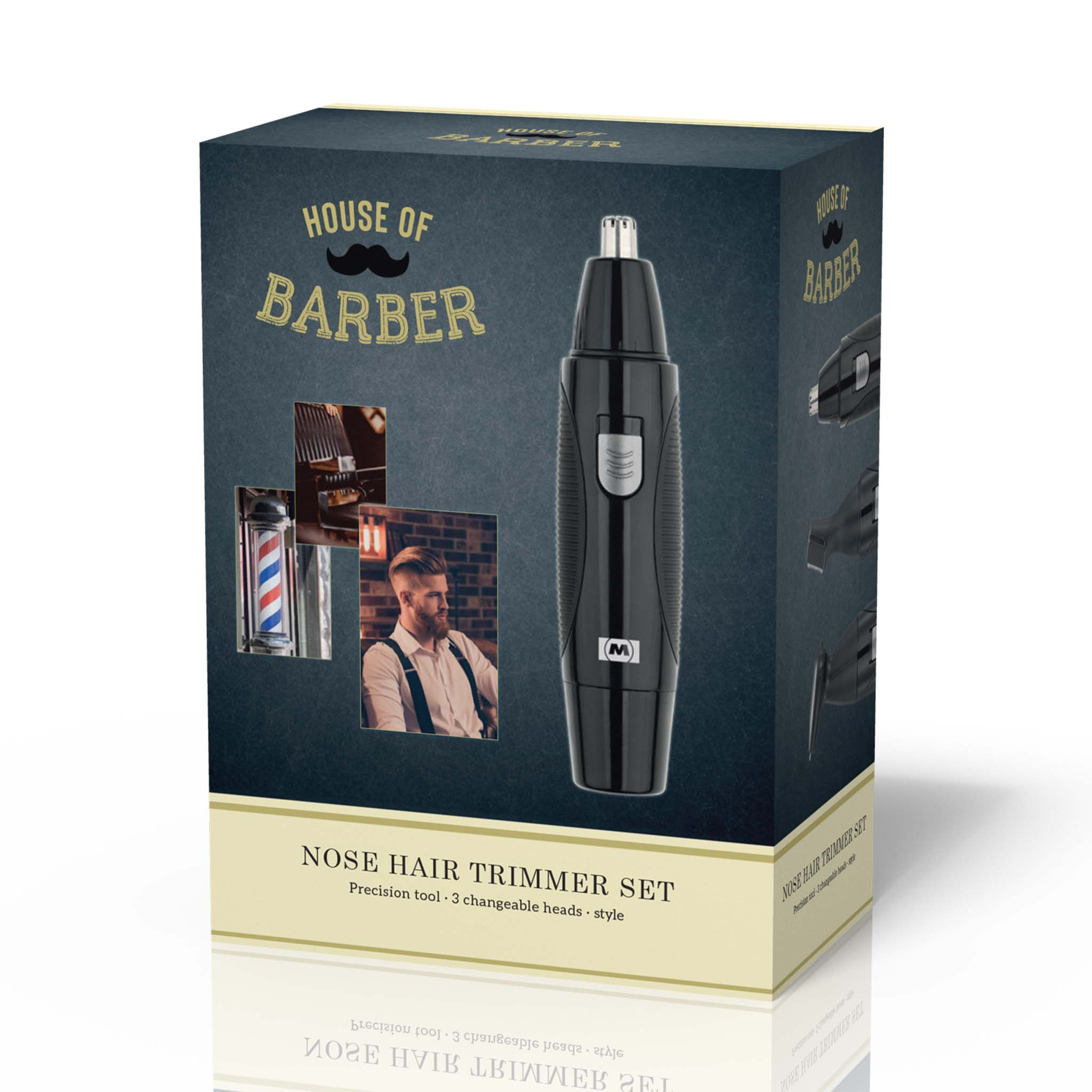 Boxed nose hair trimmer set with product images, barber shop theme, and text.