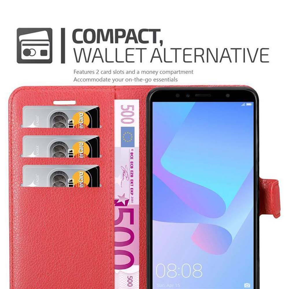 Portafoglio rosso con carte e banconota da 500 euro, telefono con orologio.