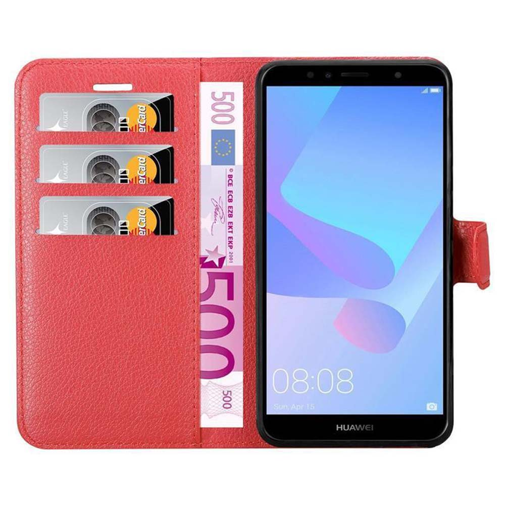 Custodia rossa con telefono all'interno. Tre carte e denaro sono visibili.