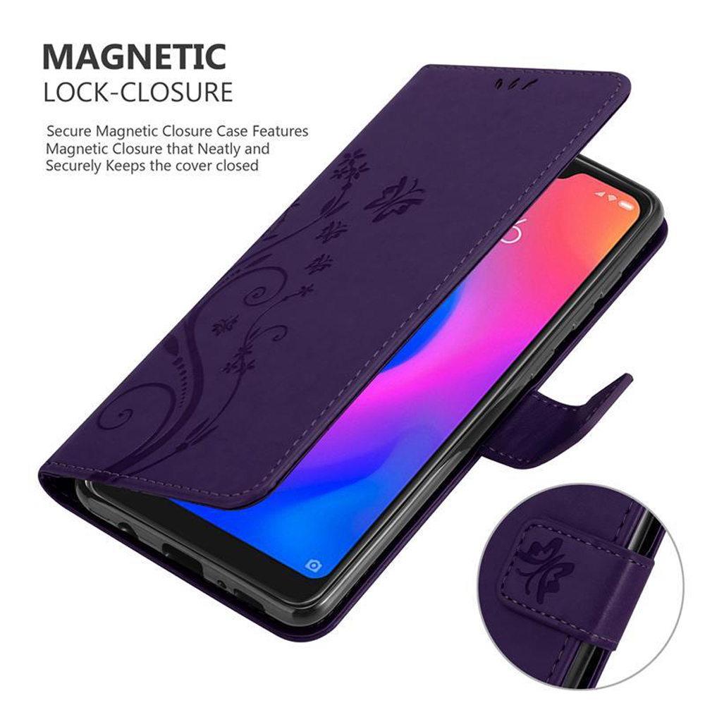 Una custodia per telefono viola, aperta per rivelare un telefono con un design floreale sulla cover.