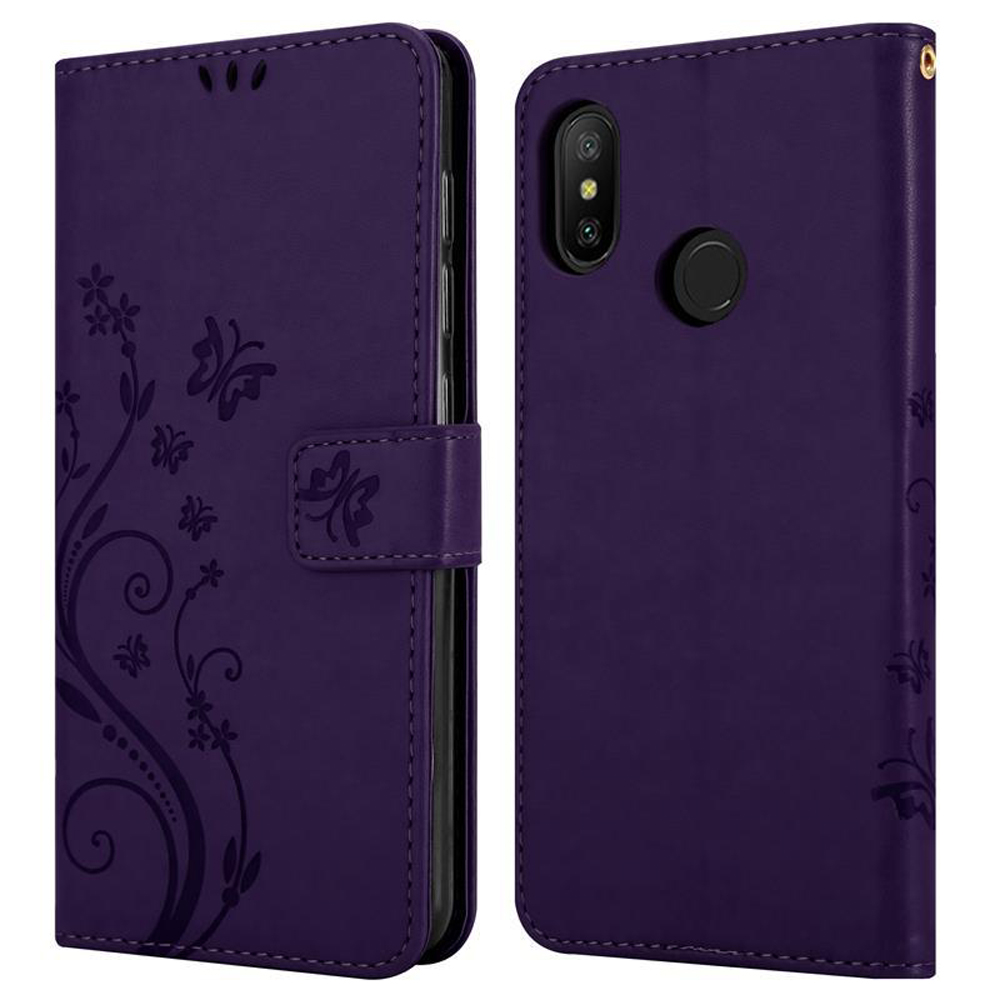Una custodia viola per telefono, che mostra la cover chiusa e aperta con il retro del telefono visibile.