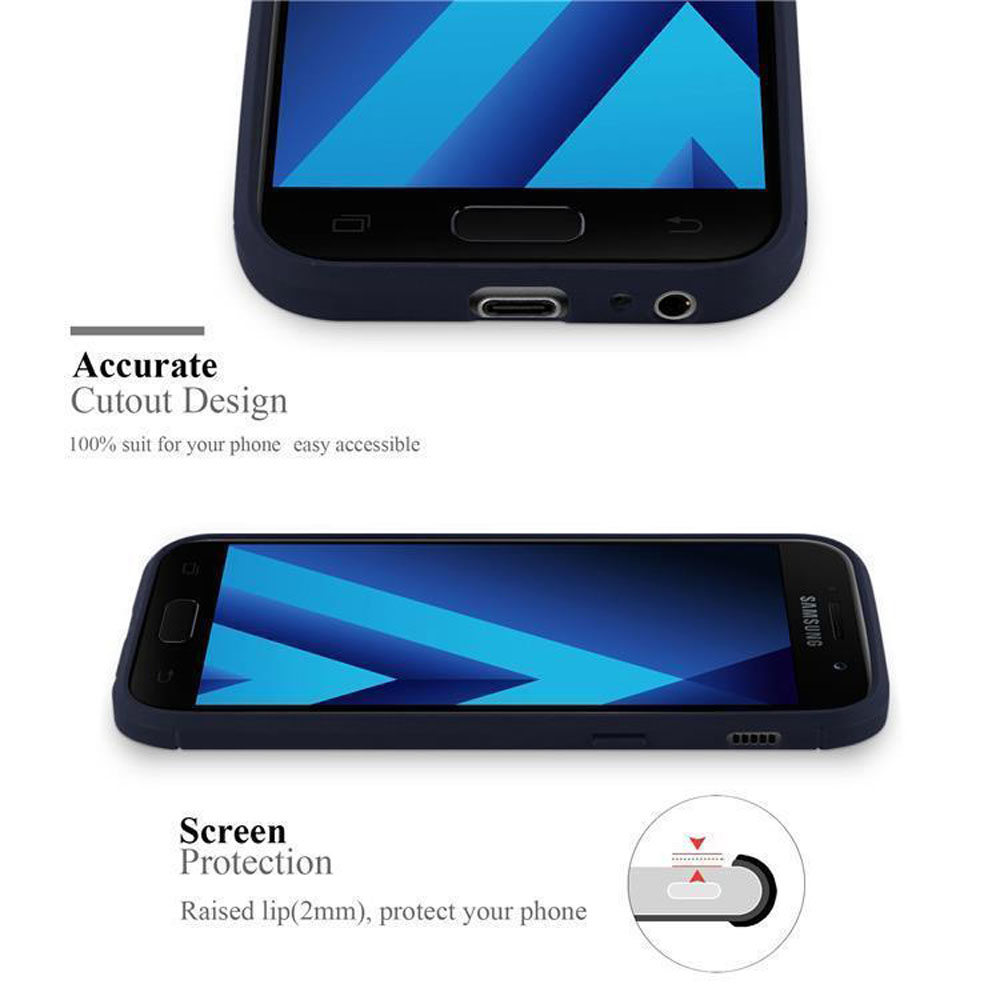 Due immagini di un telefono in una custodia blu scuro, che evidenziano il design ritagliato e le funzioni di protezione dello schermo.