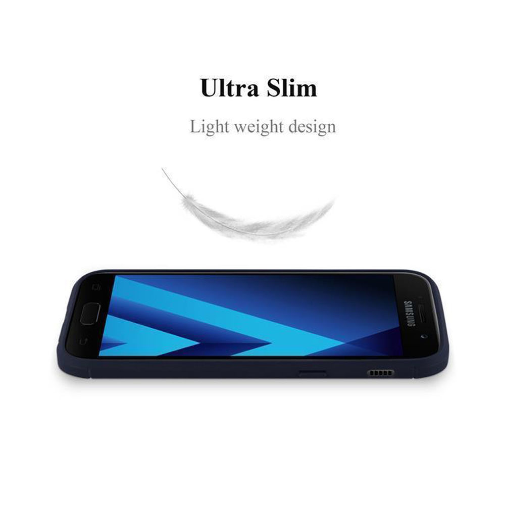 Un telefono nero in una custodia blu scuro. "Ultra Slim" e una piuma sono mostrati su sfondo bianco.