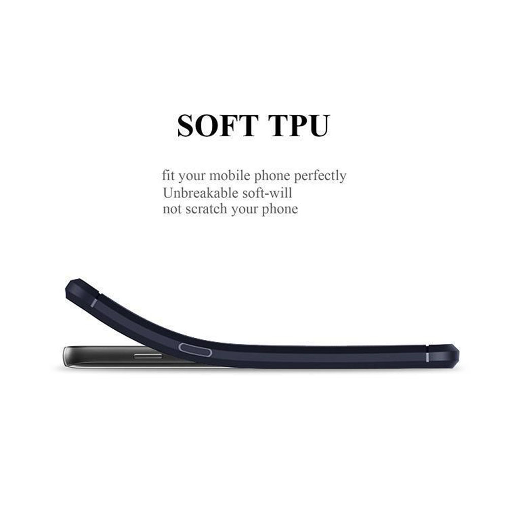 Una custodia nera per telefono. Testo: SOFT TPU. Il telefono è all'interno.