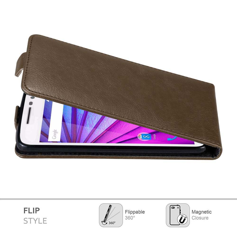 Funda de cuero marrón con el teléfono abierto. El teléfono muestra la página de búsqueda de Google.
