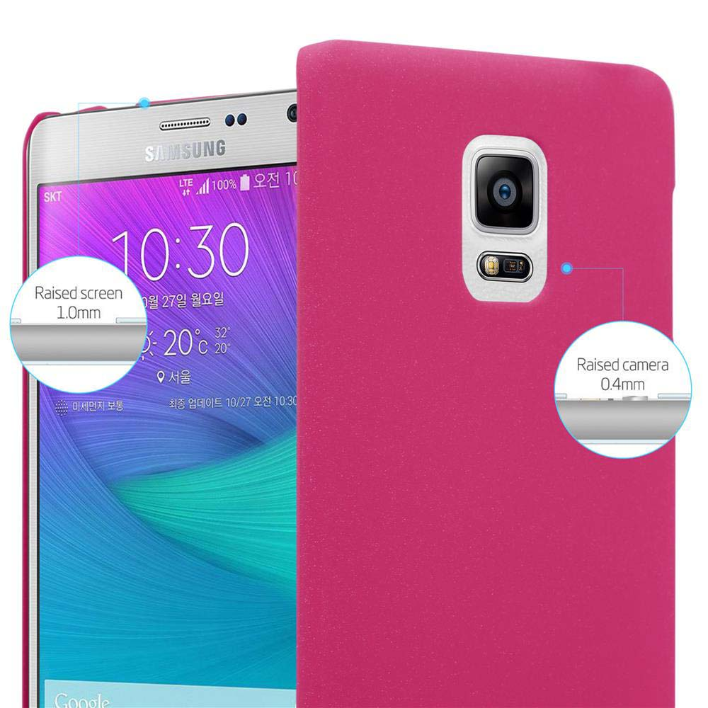 Ein pinkes Telefon mit Hülle, das den Bildschirm zeigt. Es hat einen erhöhten Bildschirm und eine Kamera.