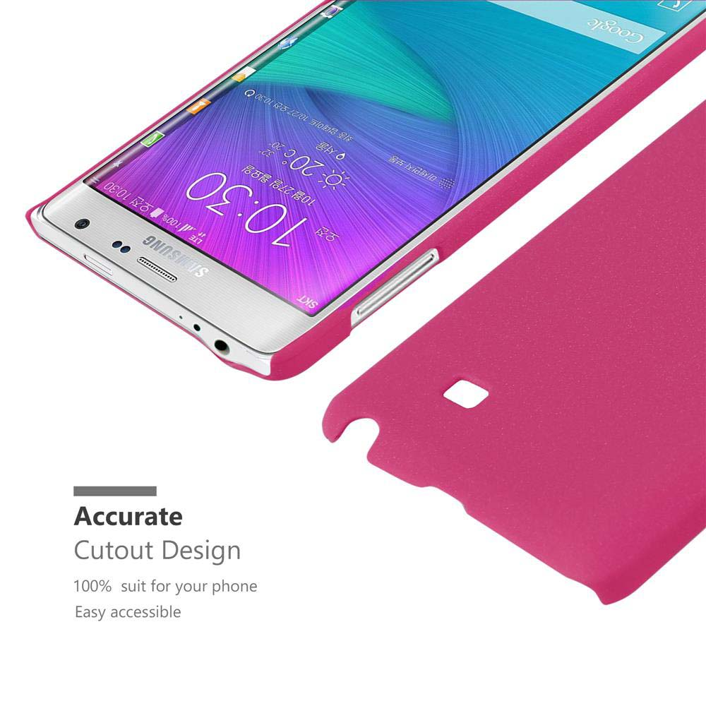 Rosafarbene Handyhülle auf einem Telefon. Text: Präzises Ausschnittdesign. Weißer Hintergrund.