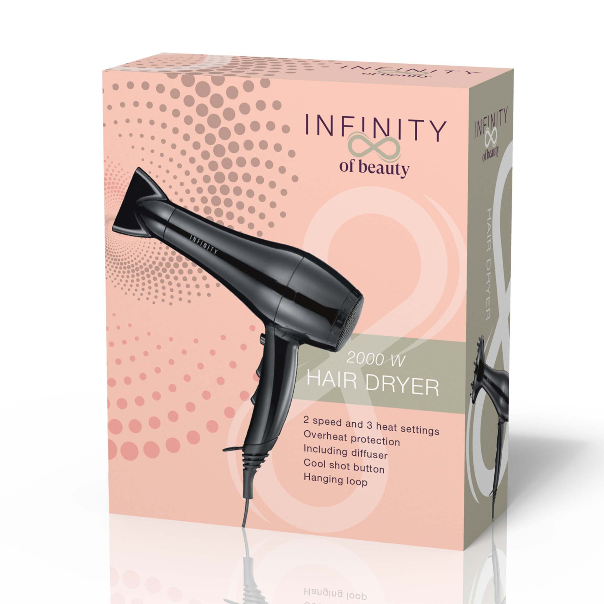 Czarna suszarka do włosów na pudełku z logo 'INFINITY' i tekstem opisującym funkcje. Różowe tło.