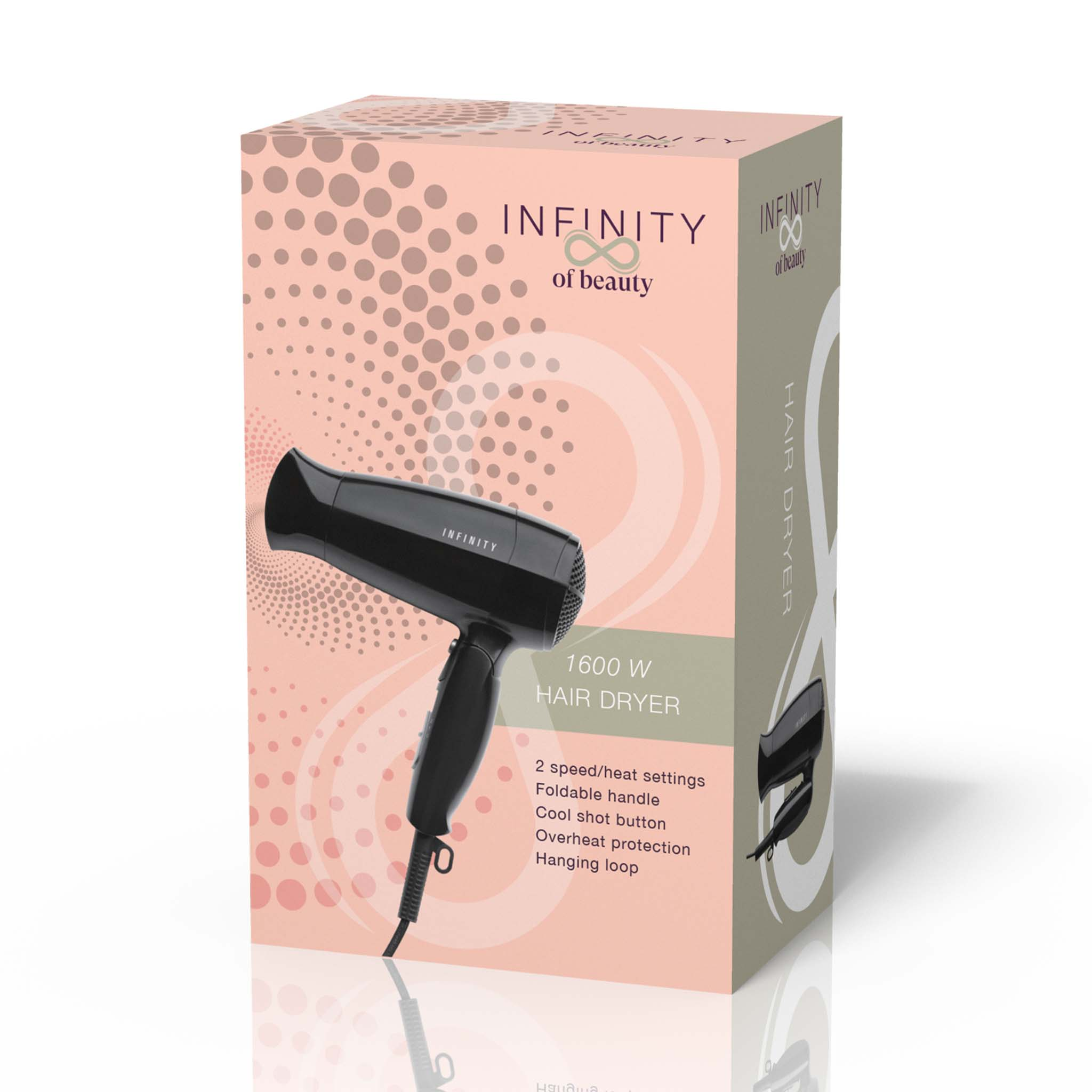 Czarna suszarka do włosów w pudełku. Pudełko jest różowo-białe ze szczegółami produktu. Białe tło.